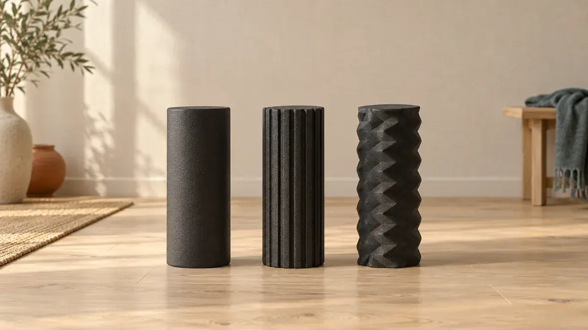 Tre sorte foam rollers uden mærke stående side om side på et lyst egetræsgulv: en glat, en med langsgående riller og en med skrå savtakker