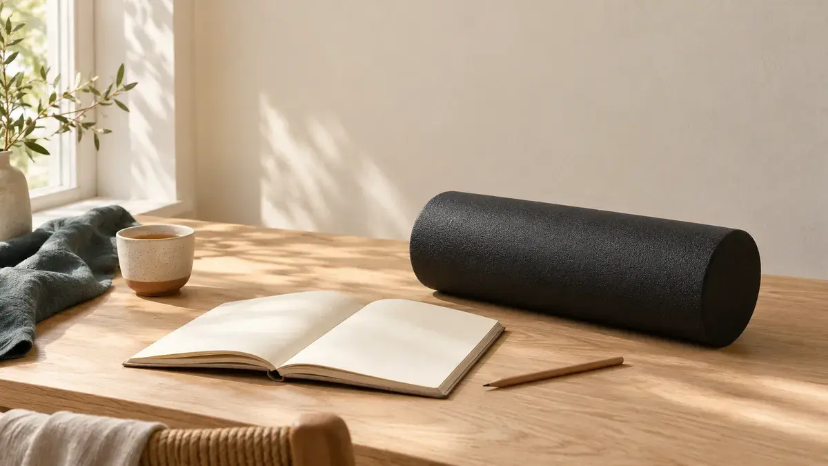 Sort foam roller på et lyst egetræsbord ved siden af en åben notesbog med blanke sider, en blyant og en kop te i blødt vinduslys