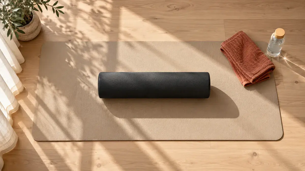 Havrefarvet træningsmåtte set ovenfra på et lyst egetræsgulv med en sort foam roller på langs midt på måtten, et sammenfoldet rustrødt håndklæde og en vandflaske
