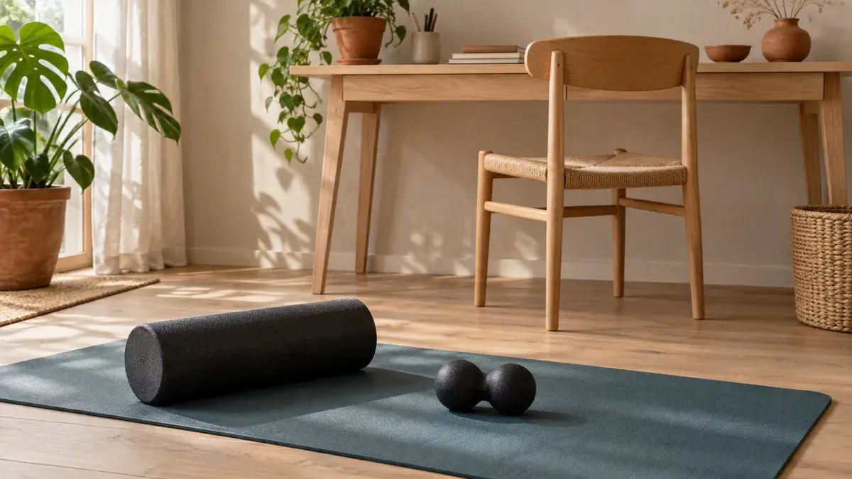 Hjemmekontor i dagslys med skrivebord og stol i lyst træ og foran dem en skifergrå måtte med en sort foam roller og en sort dobbeltbold