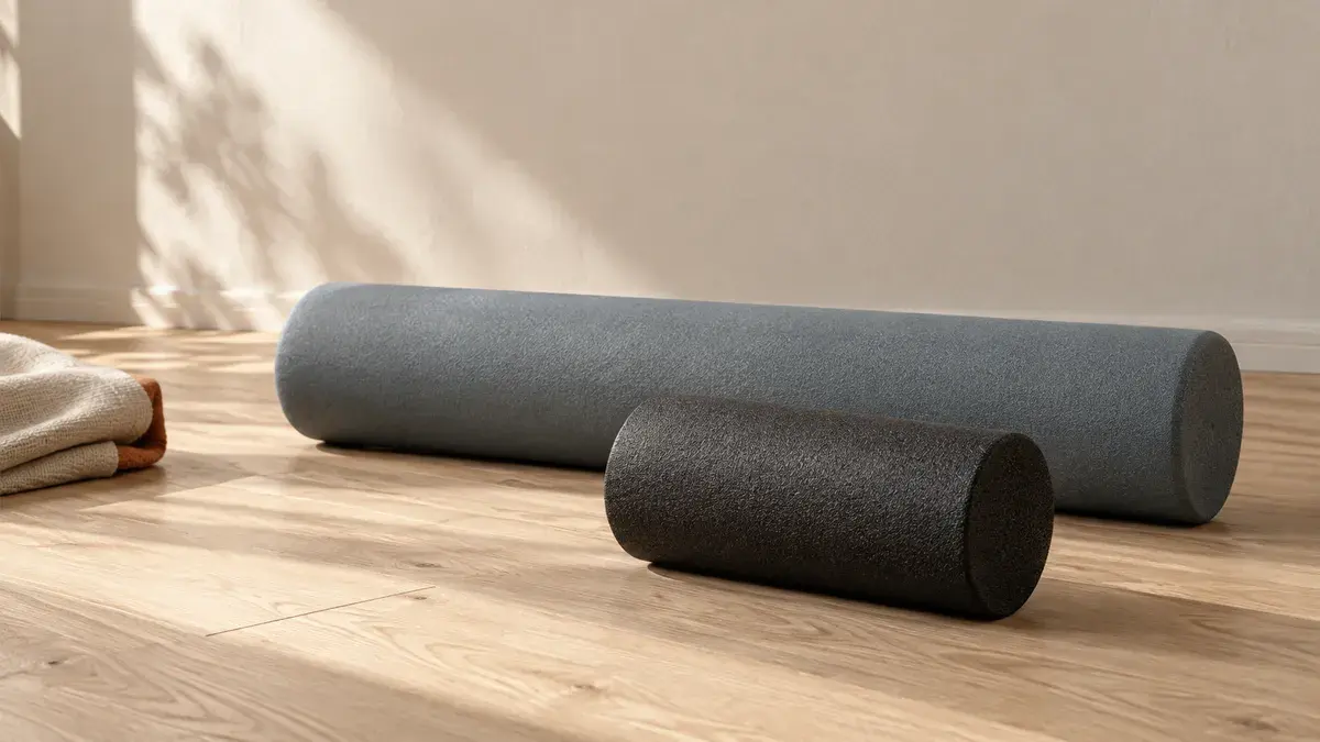 En lang, skifergrå glat foam roller og foran den en kort, tæt sort foam roller på et lyst egetræsgulv i blødt sidelys