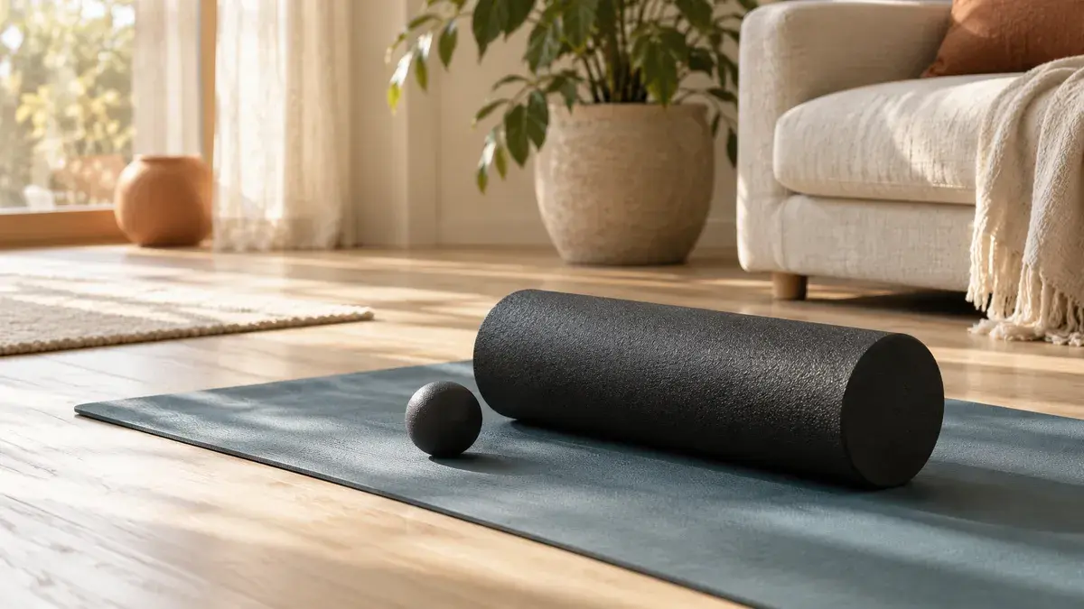 Stuegulv i lyst egetræ i morgenlys med en skifergrå træningsmåtte, en sort foam roller og en lille sort skumbold foran en linnedsofa